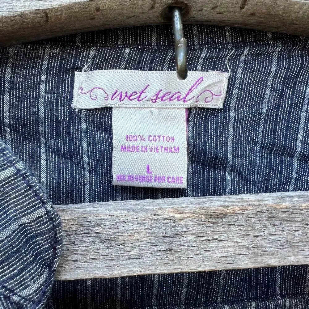 Vintage Y2K Wet Seal Navy Blue Pinstripe Military Pirate Babydoll Blouse LARGE - Picture 3 of 6